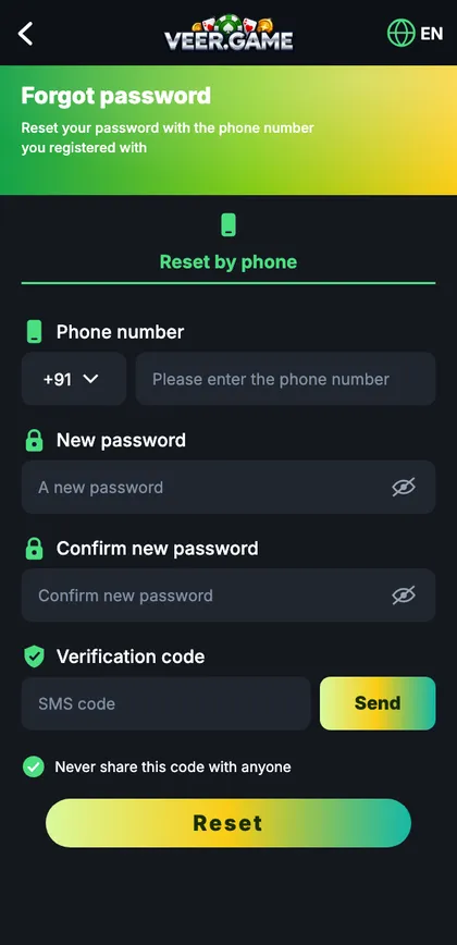 Veer Game forgot password